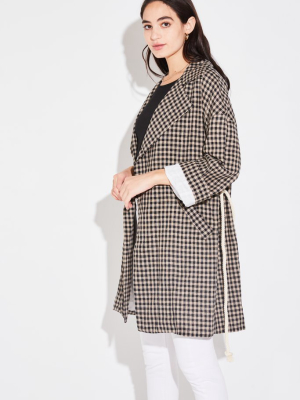 Relaxed Collared Coat In Taupe Gingham