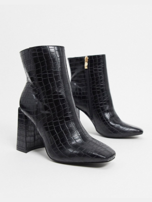 Glamorous Clean Boot With Square Toe In Black Croc