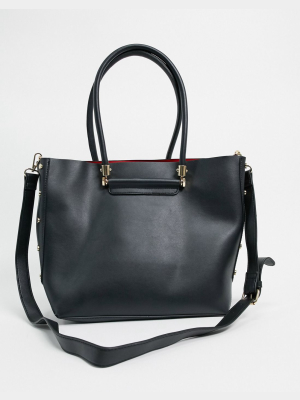 Asos Design Shopper Bag With Stud Detail & Laptop Compartment In Black