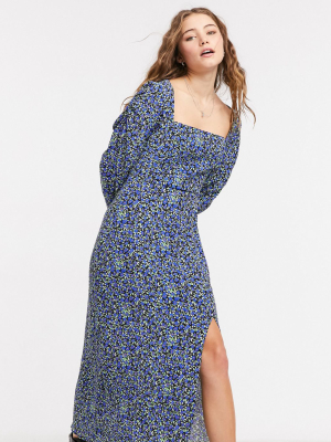 Bershka Square Neck Floral Midi Dress In Blue