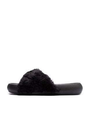 Basa08xx Black Faux Fur Cross Strap Flat Slide Sandal