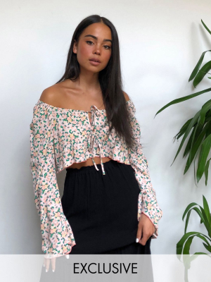 Reclaimed Vintage Inspired Off Shoulder Top With Tie Detail In Floral Print