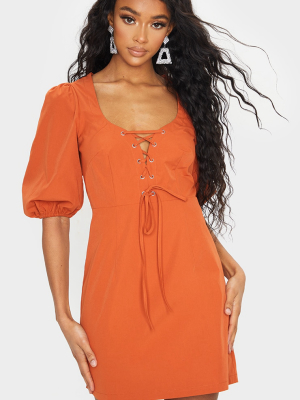 Rust Puff Sleeve Corset Detail Shift Dress