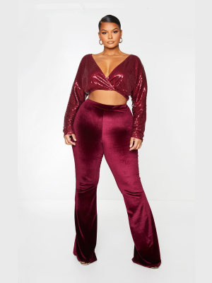 Plus Burgundy Velvet Flared Pants