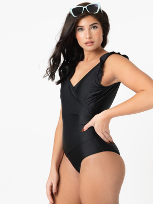 Pin-up Style Black Ruffle One Piece Swimsuit