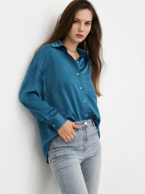 Silky Blue Button-up Blouse