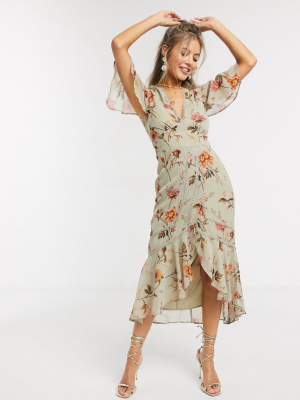 Hope & Ivy Plunge Midi Tea Dress In Meadow Floral