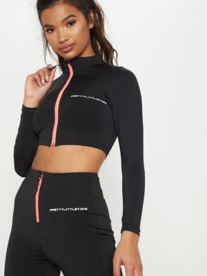 Prettylittlething Black Long Sleeve Zip Up Gym Top