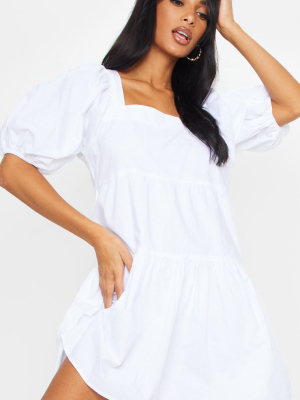 White Puff Sleeve Square Neck Tiered Smock Dress