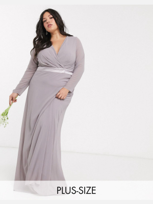 Tfnc Plus Bridesmaids Long Sleeve Bow Back Maxi Dress In Gray