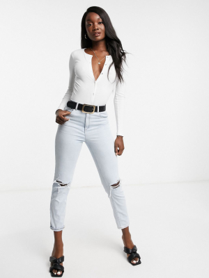 Asos Design Rib Bodysuit With Popper Detail And Longsleeve In White