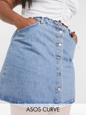 Asos Design Curve Denim Button Through Skirt In Blue