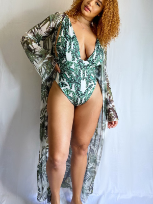 Plus Green Palm Print Mesh Maxi Kimono