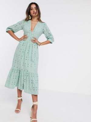 Asos Design Broderie Midi Dress With Rope Lace Up Back In Sage Green