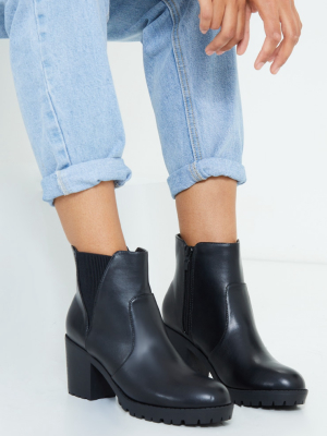 Black Basic Pu Cleated Sole Heeled Ankle Boots