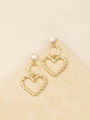 Twisted Heart Pearl And 18k Gold Plated Earrings