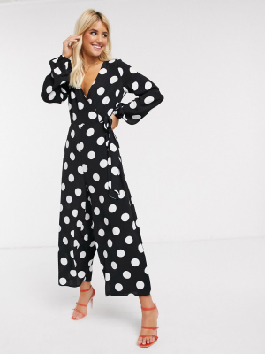 Asos Design Wrap Tie Jumpsuit In Mono Polka Dot