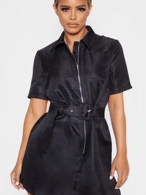 Petite Black Zip Detail Belted Utility Dress