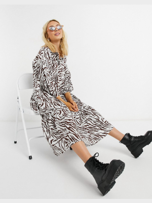 Asos Design Midi Shirt Smock Dress With Tiering And Puff Sleeve In Zebra Print