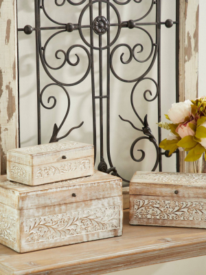 Set Of 3 Natural Mango Wood Whitewashed Carved Design Boxes With Lid - Olivia & May