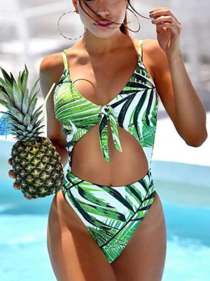 High Leg Palm Leaf Cutout Knotted One Piece Swimsuit