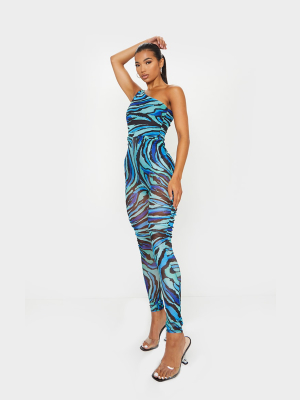 Blue Abstract Print One Shoulder Ruched Mesh...