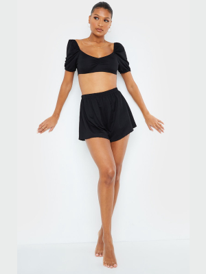 Black Linen Look Floaty Wide Leg Beach Shorts