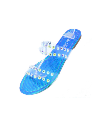 Andina03 Blue Jeweled Lucite Open Toe Slide Flat Sandal