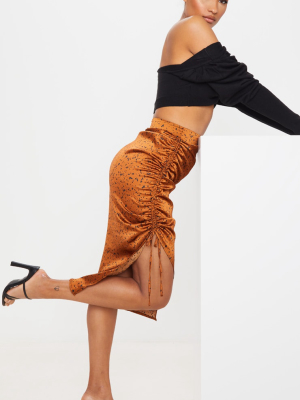 Rust Satin Printed Ruched Side Midi Skirt