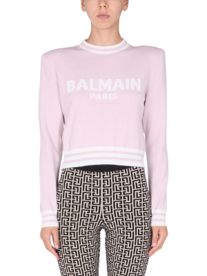 Balmain Cropped Logo Intarsia Sweater