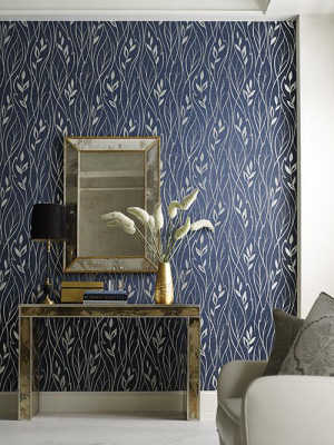 Leaf Silhouette Wallpaper In Navy And Gleaming Silver By York Wallcoverings