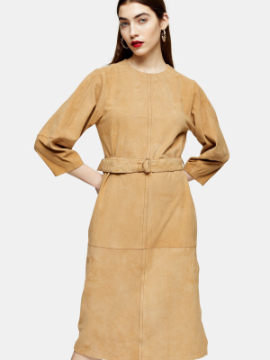 Tan Real Suede Belted Midi Dress