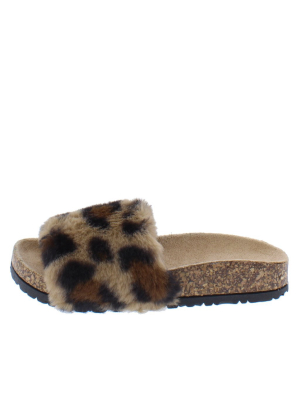 Dewey1k Leopard Faux Fur Open Toe Flat Slide Kids Sandal