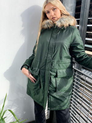 Pieces Parka With Faux Fur Hood In Khaki