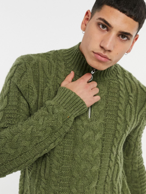 Asos Design Heavyweight Cable Knit Half Zip Sweater In Khaki