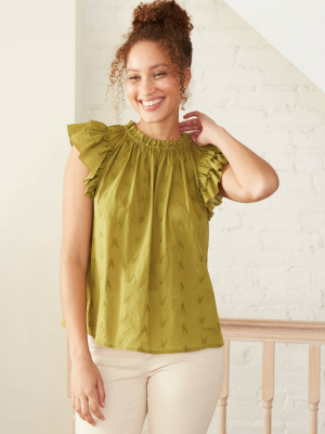 Women's Floral Print Flutter Short Sleeve Embroidered Blouse - Universal Thread™