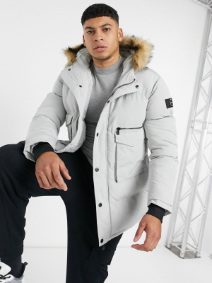 Mauvais Parka Coat With Faux Fur Hood In Light Gray
