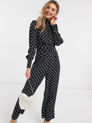 Asos Design Ruched Waist Detail Jumpsuit In Dot Print