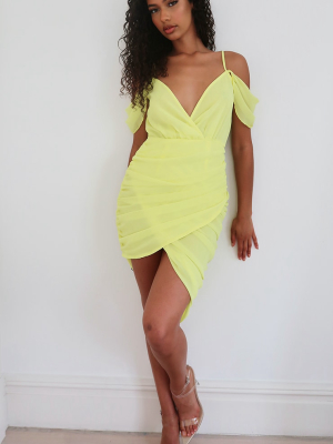 Lime Cold Shoulder Chiffon Ruched Wrap Bodycon...