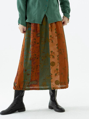 Plus Size - Cotton Women Pocket Color Spliced Floral Skirt
