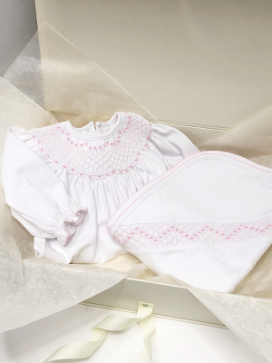 Sweetly Smocked Blessing Blanket - Worth Avenue White With Palm Beach Pink