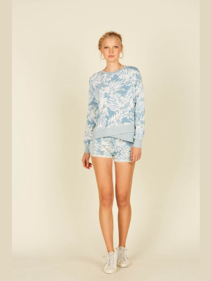 Soft Denim Tropical Print Blue Burnout Shorts