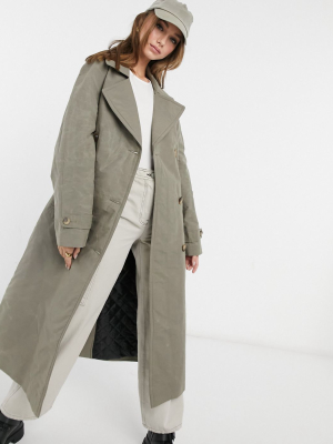 Asos Design Trench Coat With Contrast Stitching In Sage