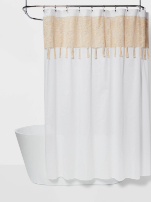 Macrame Inset With Wood Bead Tassels Shower Curtain White/beige - Opalhouse™