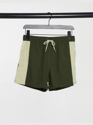 Asos Design Swim Shorts With Cut And Sew In Khaki Short Length
