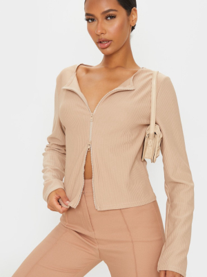 Sand Jumbo Ribbed Double Zip Top