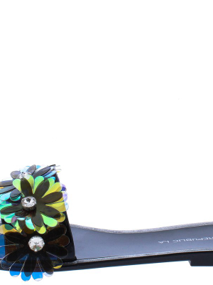 Buick Black Multi Flower Open Toe Mule Slide Sandal