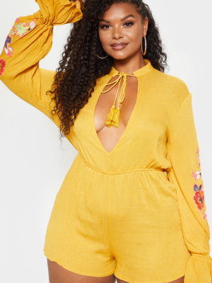 Plus Mustard Cheesecloth Floral Embroidered Romper