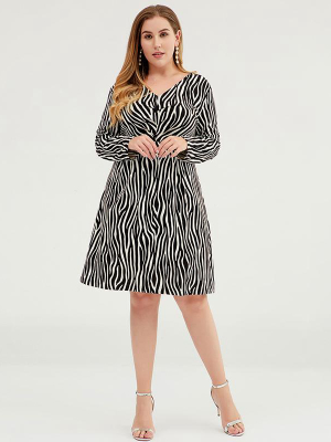 Plus Size Women V-neck Zebra Fit & Flare Dress