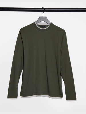 Asos Design Long Sleeve Relaxed Double Layer T-shirt In Washed Khaki